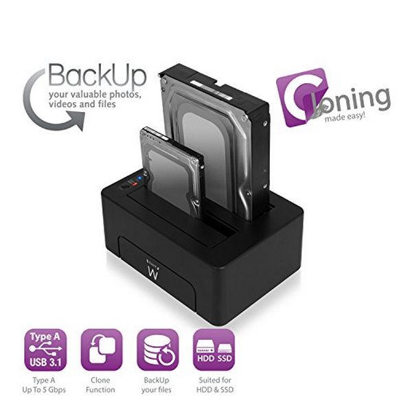 Dock Station Dual Ewent EW7014 Dual 2.5"-3.5" USB 3.1 ABS Preto - Image 2